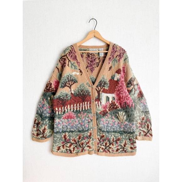 Northern Isles II Sweaters - Northern Isles Cottagecore Scenic Landscape Cardigan Sweater Womens 2X Tan